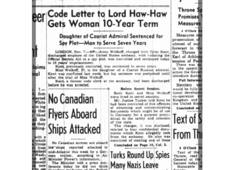 Вырезка из передовицы The Ottawa Journal от 7 ноября 1940 года с заметкой о деле Анны Волковой